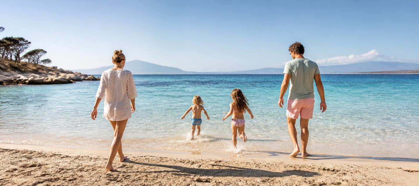 Eine Familie läuft an einem sonnigen Morgen gemeinsam ins türkisblaue Meer